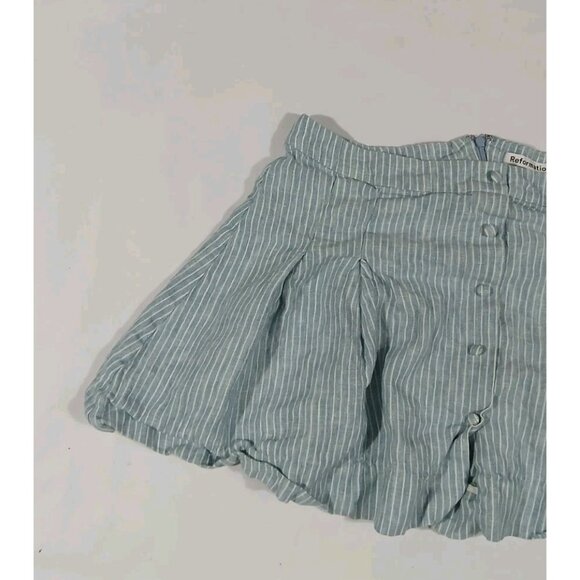 Reformation Carol Linen Pleated Mini Skirt Size 10 Blue Stripe Buttons Preppy - Picture 3 of 12